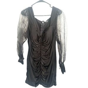 Fashion Nova Black Ruched Dress with Sheer Sleeves